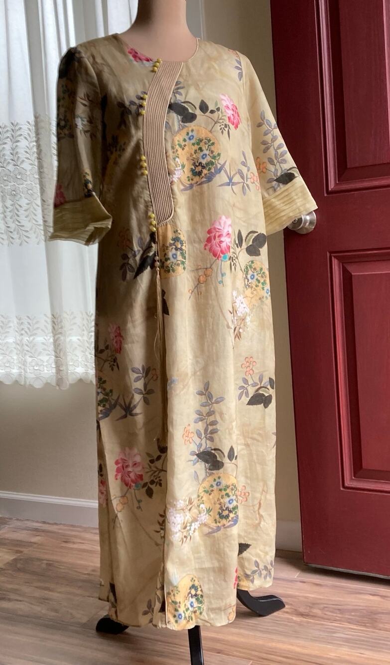 Chinese Qipao Cheongsam Style Dress M Tan Floral Tassel Gem Button Pullover Boho